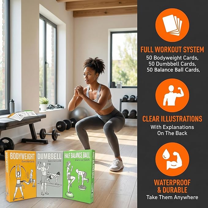 Workout Cards Bodyweight & Dumbbell & Half-Balance Ball - 150 Large 5"x3.5" Exercise Cards with 36 Strength Moves, Home & Gym Fitness Cards for Men & Women, Beginner Fitness Guide