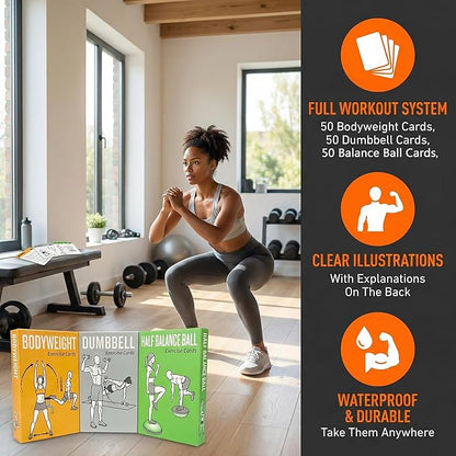 Workout Cards Bodyweight & Dumbbell & Half-Balance Ball - 150 Large 5"x3.5" Exercise Cards with 36 Strength Moves, Home & Gym Fitness Cards for Men & Women, Beginner Fitness Guide