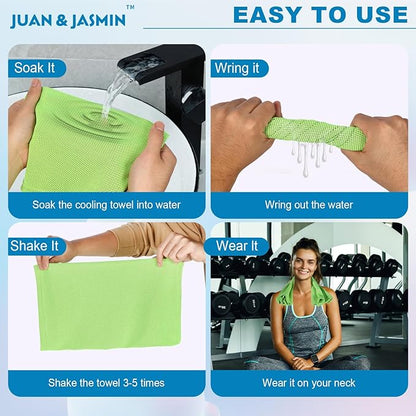 JUAN & JASMIN 2 Pack Cooling Towels (19.5"x15"), Soft Breathable Chilly Towels, Super Absorbent, Ice Wraps, Towels-Ideal for Hiking, Running, Workout, Gym, Dancing, Camping, Fitness (Green)