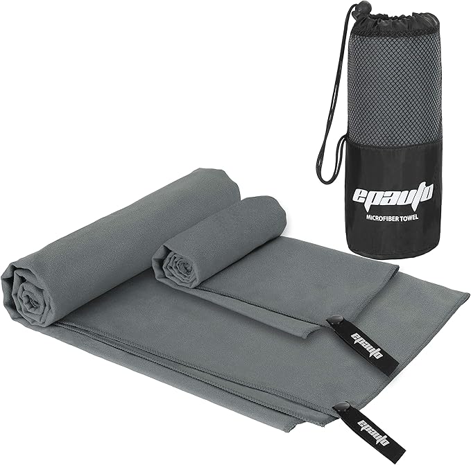 EPAuto 2-Pack Microfiber Quick Dry Towel Set - Lightweight, Super Absorbent & Compact Travel Towels (60"x30" & 24"x15") for Gym, Camping, Beach, Yoga & Backpacking, Gray