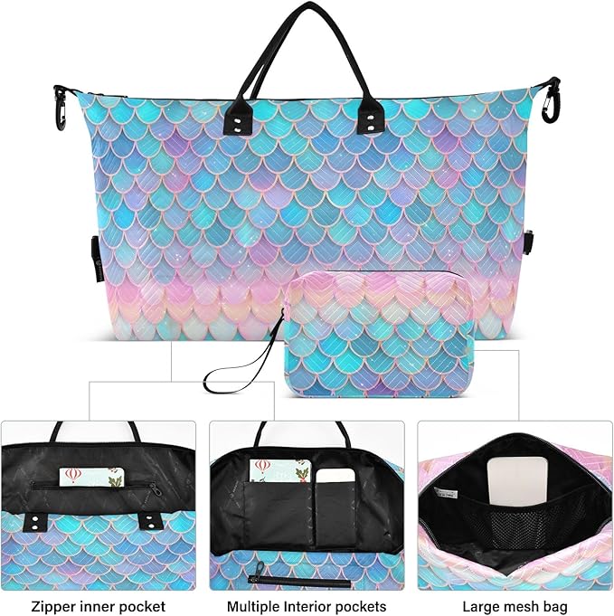 Weekender Bags Travel Duffel Gym Bag Carry on Overnight Tote Bag with Toiletry Bag for Airplane Travel Trip Gym Yoga (Fish Scales Mermaid)
