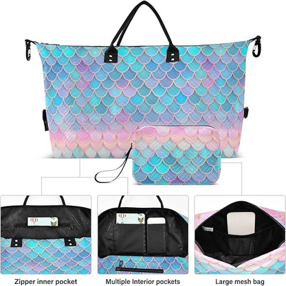 Weekender Bags Travel Duffel Gym Bag Carry on Overnight Tote Bag with Toiletry Bag for Airplane Travel Trip Gym Yoga (Fish Scales Mermaid)
