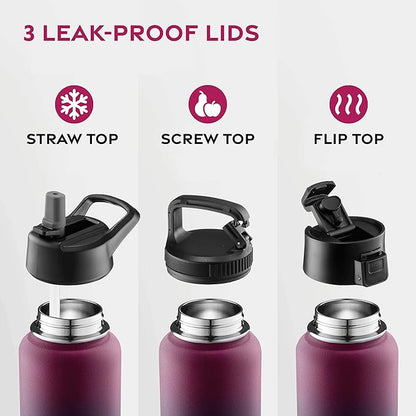 FineDine Water Bottle - Stainless Steel Insulated Water Bottle with Straw Lid, Flip Lid & Wide-Mouth Cap - Keeps Hot and Cold - 25 Oz / 739ml - Dreamy Purple