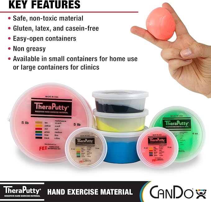 CanDo TheraPutty Standard Hand Exercise Putty For Rehabilitation, Exercises, Hand Therapy, and Occupational Therapy. Use To Strengthen Hand Muscles, Improve Fine Motor Skills, And Decrease Stress