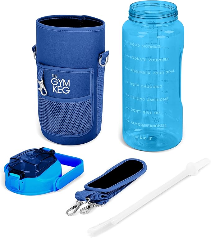 Gym Keg Plastic Water Bottles - 74 oz Bottle Jug with Sleeve & Phone Holder - BPA-free - Sweat & Leak Proof - Water Bottle with Straw and Handle for Workouts, Jogging, Travel, Gym - Blue