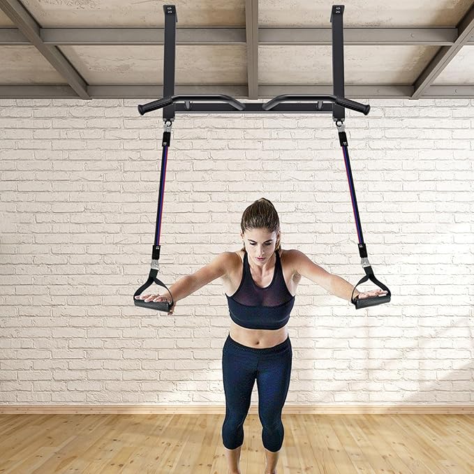 Kipika 32" Ceiling Mounted Pull Up Bar - Heavy Duty, Highly Adjustable, Multifunctional Chin Up Bar - Home Gym System with Punching Bag Hanger and Resistance Bands Training