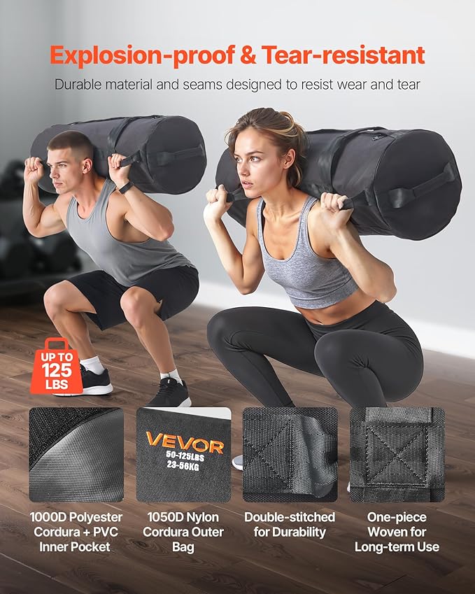 VEVOR Workout Sandbag, Heavy Duty Workout Power Bags with Handles, Slam Bag for Fitness Strength Weight Training Cross-Training, Home Gym Exercise, Black (Unfilled)