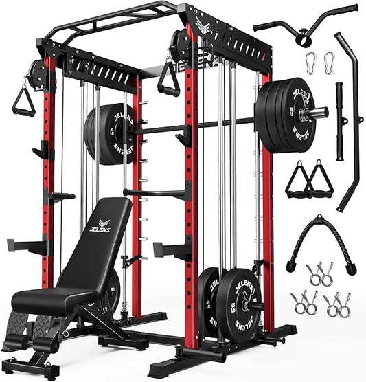 M21 Smith Machine, Multi-Function Power Cage with Dual Pulley Cable Crossover System, 2000LBS All-in-One Squat Rack with Smith Bar and Attachments for Home Gym Strength Training
