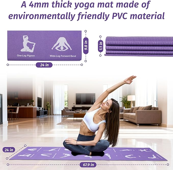 Pilates Kit Yoga Mat Thick Workout Mat For Women Extra Thick Foldable Yoga Matt With Printed Pose Chart For Beginner Pilates And Core Training At Home