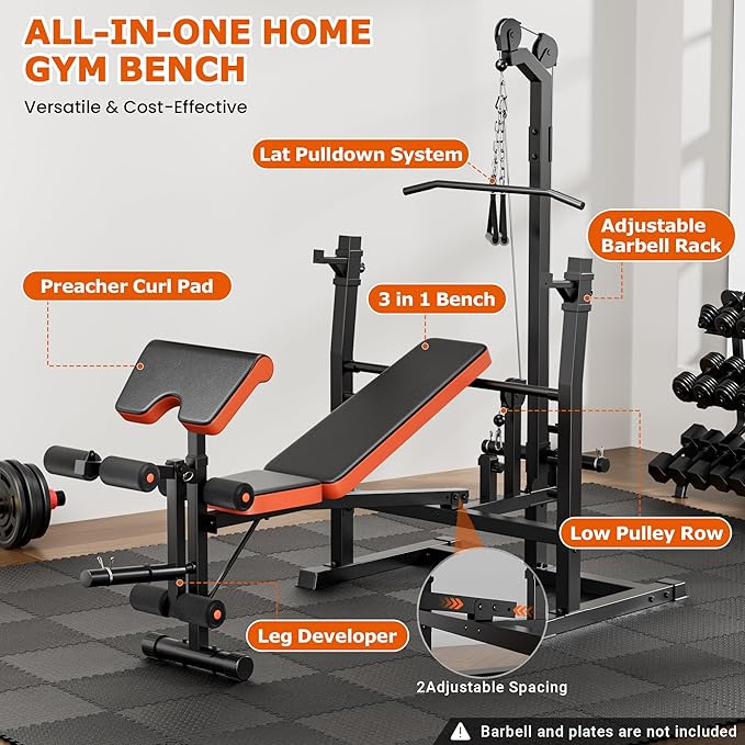 Fostoy 9-in-1 Adjustable Olympic Weight Bench with Lat Pulldown, Row, Squat Rack & Leg Curl – Multi-Function Strength Training Bench Press for Home Gym Full Body Workout