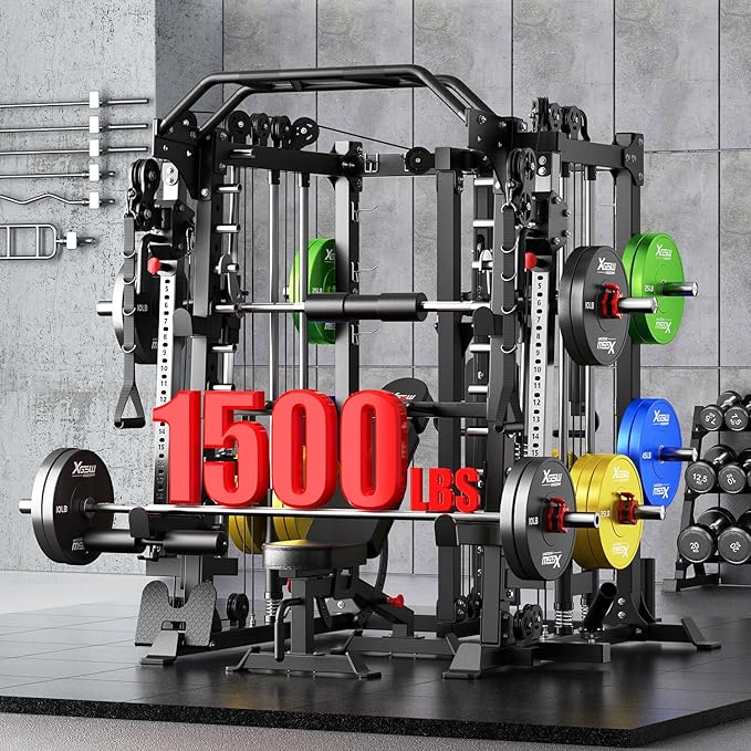 Smith Machine with Cable Crossover System, Multi-Function Squat Rack Power Cage for Home Gym, Power Rack and Packages Weight Sets