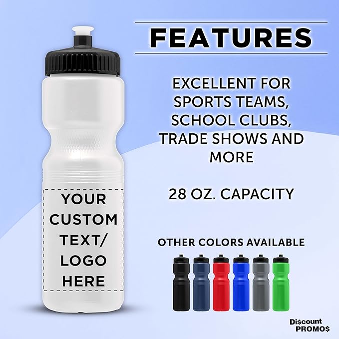 DISCOUNT PROMOS 28 oz. Custom Push Cap Plastic Water Bottles Set of 10/50/100, Personalized Bulk Pack - Perfect for Gym, Hiking, Camping, Outdoor Sports - White