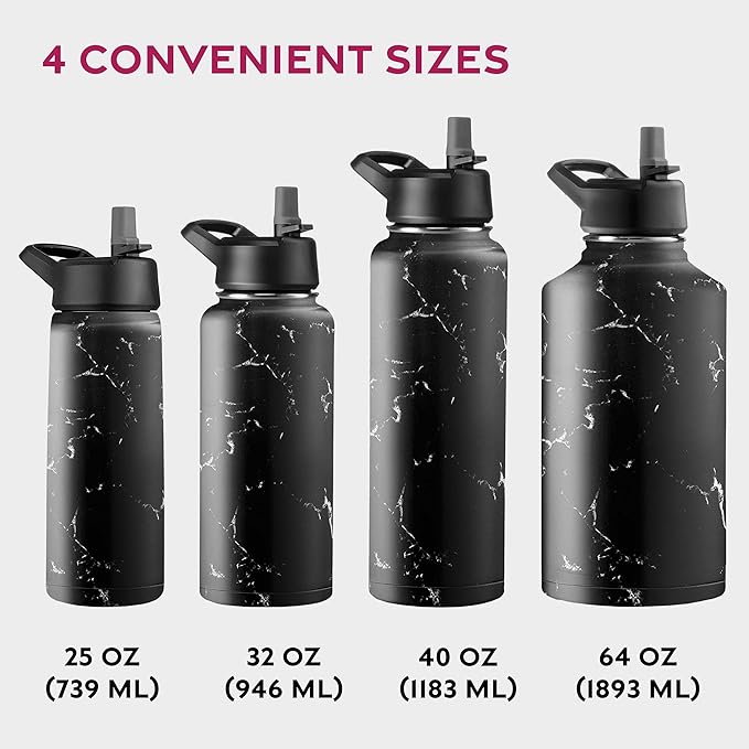 FineDine Triple Walled, Insulated Water Bottles with Straw - 25 Oz Stainless Steel Metal Bottle W/ 3 Leak Proof Lids - For Travel, School, Sports, Gym/Men, Women & Kids - Polished Raven Marble