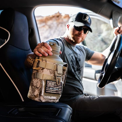 Iron Infidel Battle Bottle - Half Gallon Water Bottle Insulated, 64 oz Tactical Stainless Steel Water Jug with Handle - Gym Water Bottle with Rugged Sleeve for Storage (MARPAT 2 Liter)