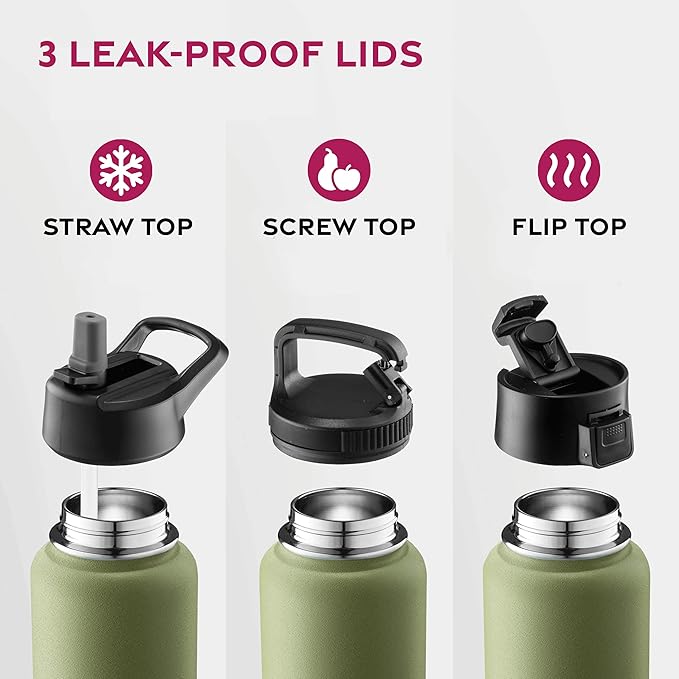 FineDine Water Bottle - Stainless Steel Insulated Water Bottle with Straw Lid, Flip Lid & Wide-Mouth Cap - Keeps Hot and Cold - 40 Oz / 1.18L - Army Green