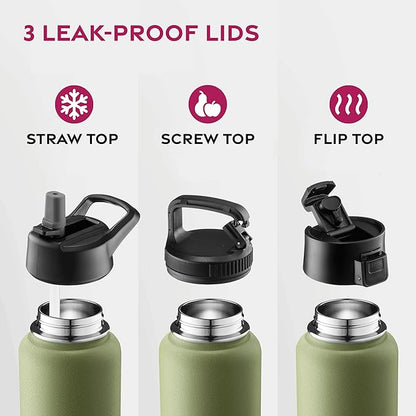 FineDine Water Bottle - Stainless Steel Insulated Water Bottle with Straw Lid, Flip Lid & Wide-Mouth Cap - Keeps Hot and Cold - 40 Oz / 1.18L - Army Green