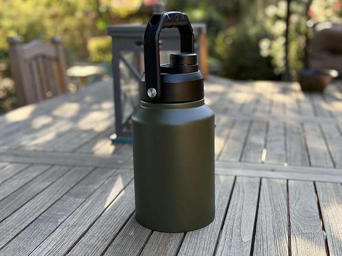 64 Ounce Half Gallon Insulated Water Bottle, Large Capacity Vacuum Flask with Handgrip (OD Green)