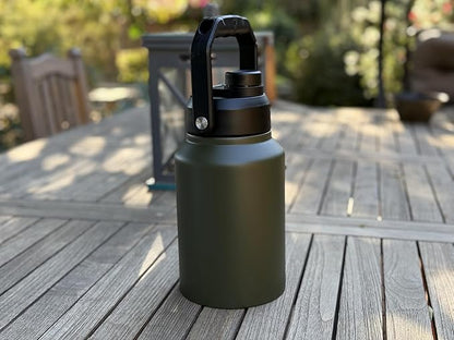 64 Ounce Half Gallon Insulated Water Bottle, Large Capacity Vacuum Flask with Handgrip (OD Green)