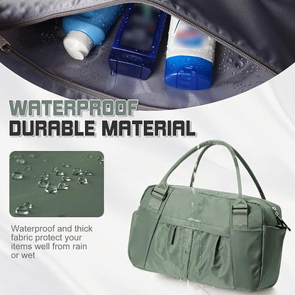 Travel Duffel Bag for Women - Small Waterproof Weekender Tote Carry on Bag with Shoe Compartment, Wet Pocket & Trolley Sleeve - Ideal for Gym, Yoga, Swim, Dance & Workout Green