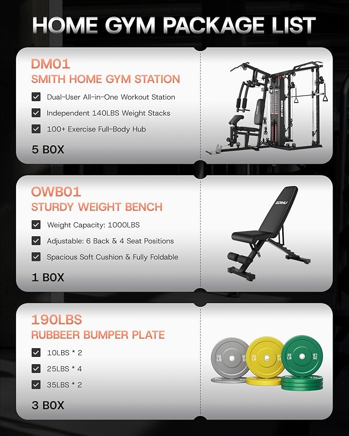 DM01 Dual-Station Smith Machine Home Gym, 140LB Weight Stack with LAT Pull-Down & Leg Press, All-in-One Workout Station for Couples & Family Strength Training