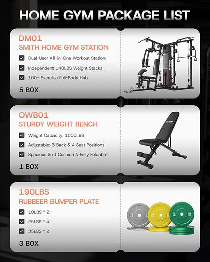 DM01 Dual-Station Smith Machine Home Gym, 140LB Weight Stack with LAT Pull-Down & Leg Press, All-in-One Workout Station for Couples & Family Strength Training