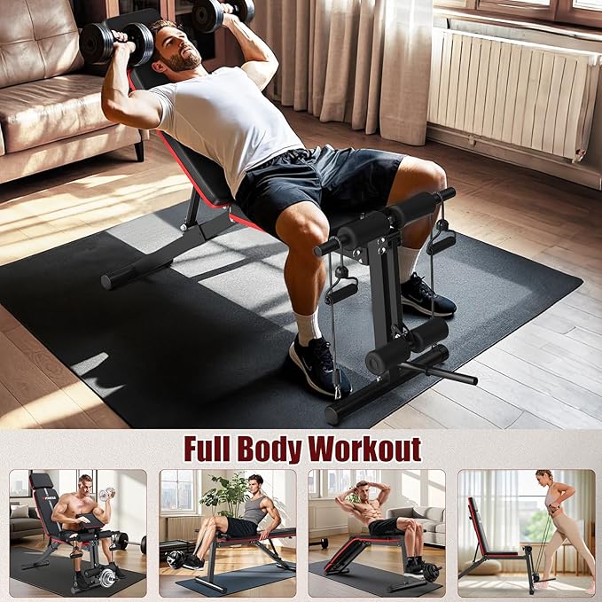 XDDIAS Adjustable Weight Bench, Workout Bench with Leg Extension and Preacher Curl Pad, Weight Bench for Home Gym, Foldable Exercise Bench, Quick Adjustment Incline Bench Press