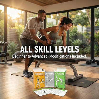 Workout Cards Bodyweight & Dumbbell & Half-Balance Ball - 150 Large 5"x3.5" Exercise Cards with 36 Strength Moves, Home & Gym Fitness Cards for Men & Women, Beginner Fitness Guide