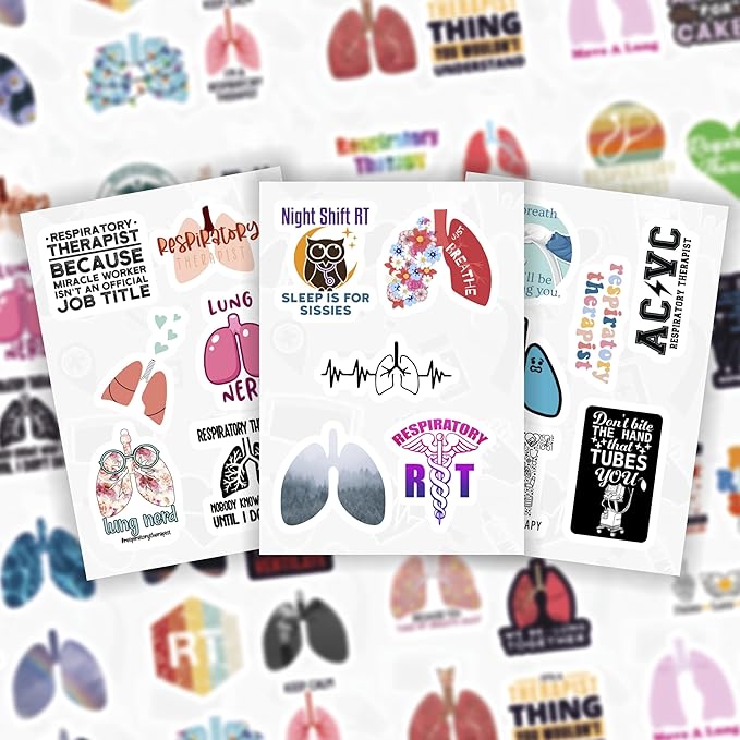 BulbaCraft 100Pcs Respiratory Therapist Stickers, RT Sticker for Water Bottle and Laptop - Respiratory Therapy Party Supplies & Decorations, Lung Waterproof Vinyl Medical Decals, Gifts for Women & Men