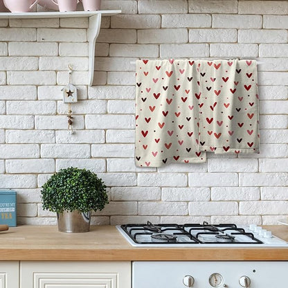 Valentine's Hand Towels Set of 2 Pink Red Love Heart Dot Decor Kitchen Towels 28’’x14’’Happy Holiday Wedding Anniversary Beige Dish Towel Super Soft Tea Towels for Bathroom Gym Spa