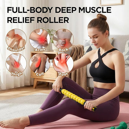 Muscle Roller & Massage Roller Stick for Athletes - Lymphatic Drainage Support, Relieves Muscle Soreness, Cramping & Tightness - Targets Legs, Arms, Back & Calves （Yellow）