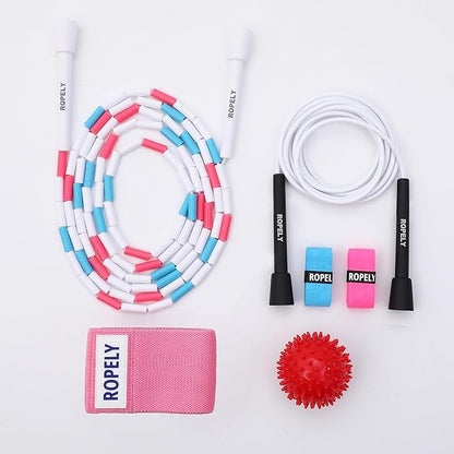 Skipping Rope 6-in-1 Jump Rope Set Beginner Friendly with Tangle Free Segmented Beaded Rope, PVC Rope, Massage Ball, Resistance Band, and Handle Tapes, Adjustable Length