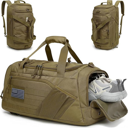 3-in-1 Tactical Gym & Travel Duffle Bag Backpack Men Multi-Functional 45L Military Sports Duffle Bag with Shoe Compartment & Wet Pocket for Workout Weekender Overnight Bag with Molle Webbing, Brown