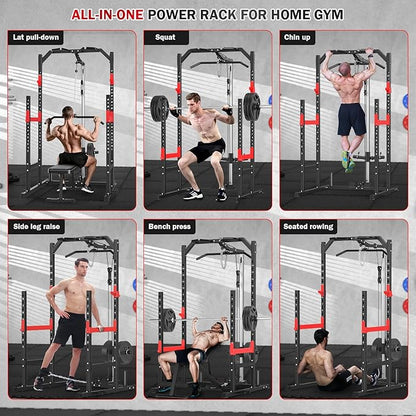 Power Cage, Multi-Function Power Rack with Pulley System Strength Training for Home Gym, Bench Press Squat LAT Pull-Down Pull-up Rowing, All in One Workout Cage