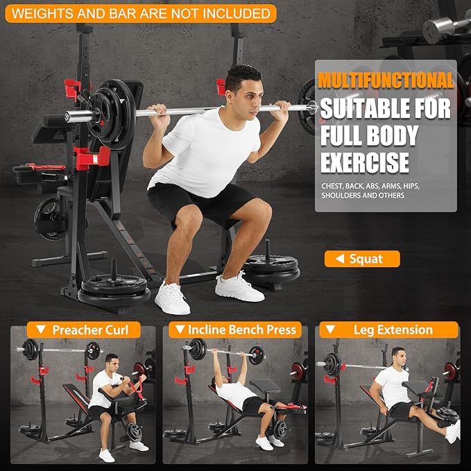 OPPSDECOR Weight Bench Set with Leg Extension and Curl, 900LBS Profesional Bench Press Set and Barbell Rack with Safety Spotter Catches, Preacher Curl Workout Benches for Home Gym