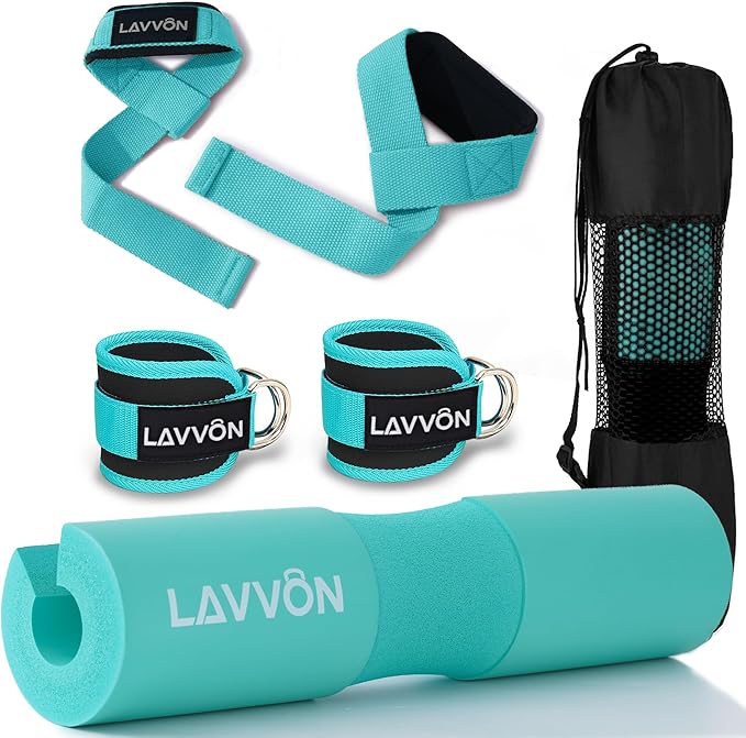 Squat Pad Set - Foam Barbell Pad for Squats Cushion, Lunges & Bar Padding for Hip Thrusts - Standard Olympic Weight Bar Pad - With Ankle Straps, Wrist Straps for Weightlifting