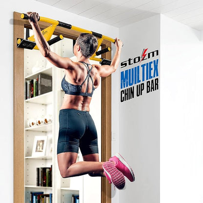 STOZM MultiEx Chin Up Bar – Doorway Chin Up Bar with Multiple Color Options, Push Up Capability, TPE-Protected Grip Positions, Smart Locking Mechanism and 450lbs Weight Capacity