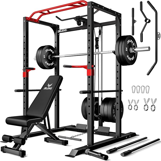 S11 Power Cage, 2000LB Multi-Function Power Rack with LAT Pulldown, Squat Rack with Adjustable Pulley System and Training Attachments, Weight Rack for Home Gym