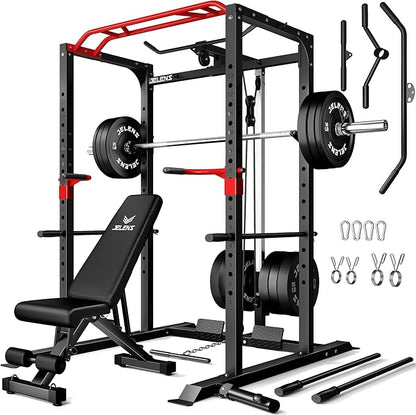 S11 Power Cage, 2000LB Multi-Function Power Rack with LAT Pulldown, Squat Rack with Adjustable Pulley System and Training Attachments, Weight Rack for Home Gym
