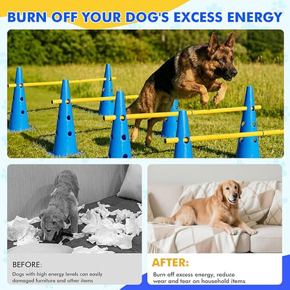Wdmiya 18.9" Dog Agility Training Hurdle Cone Set, Dog Agility Course Backyard Set with Height Adjustable Crossbar, Dog Agility Equipment for Obedience, Rehabilitation, Starter - 12 Cones & 6 Poles