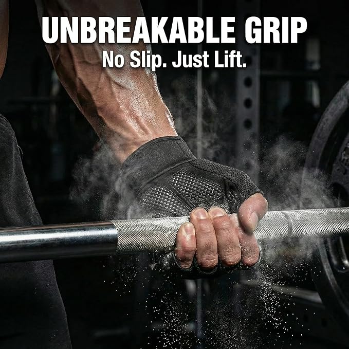 sunnex Weight Lifting Gloves with Extended Wrist Support - High-Grip Silicone Padded Gym Gloves for Men & Women, Breathable Fingerless Workout Gloves for Pull Ups, Training & Powerlifting (Black)