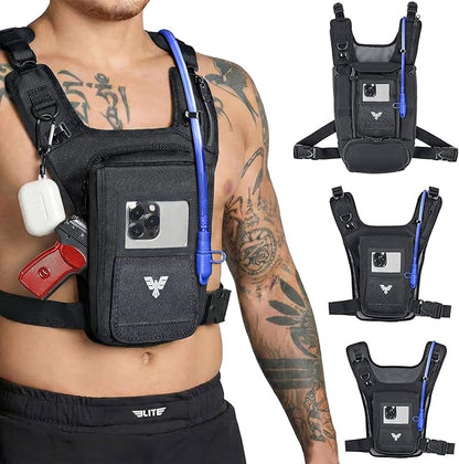 Elite Hydra Running Chest Pack w/ Gun Holster, Phone Holder Touch Friendly, Camera Pocket for Men/Women Lightweight Hydration Vest Chest Rig w/ Water Bladder for Marathon, Cycling, ADV Camping, Skiing