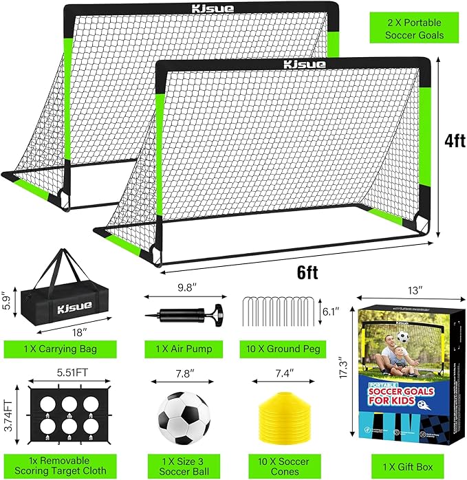 Kids Soccer Goal for Backyard Set - 2 of 6x4 ft Soccer Goals Training Equipment, Soccer Net for Kids Age 3-5 6-8 8-10 10-12, Ball, Targets for Toddler Kid Youth Soccer Games Sports Outdoor Play
