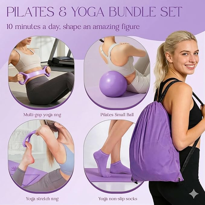 Pilates Kit 14PCS for Women, Pilates Equipment with Pilates Ring Set, Home Pilates Workout Kit, Mini Exercise Ball, Loop Resistance Bands, Stretch Strap, Massage Roller, Grip Socks