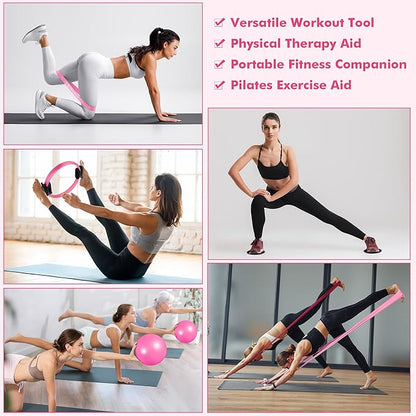 Pilates Ring Set Exercise Equipment, with Exercise Resistance Bands Set, Pilates Ball, Sliding Disks. Portable Home Gym - with Fitness Guide Poster
