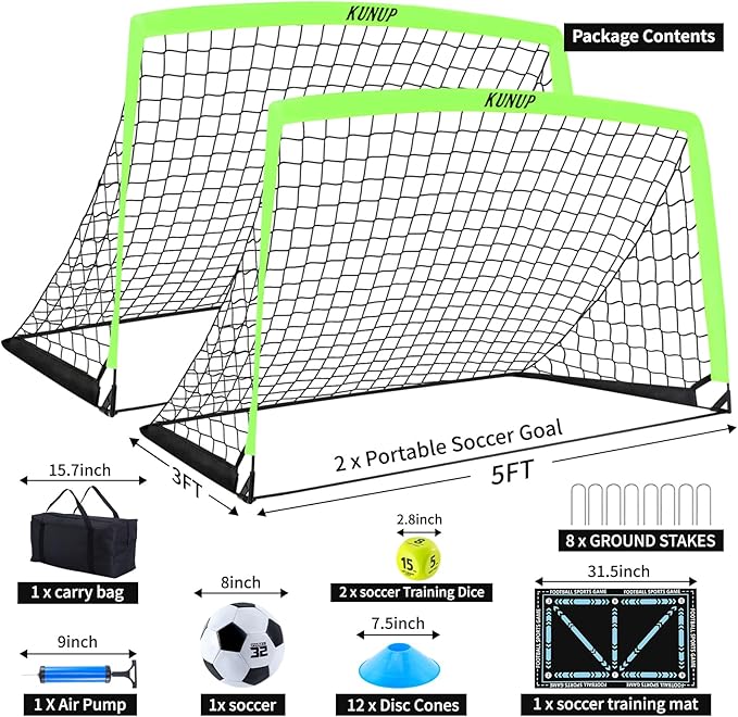 2 Set Kids Soccer Goals for Backyard with Training Equipment, Portable Foldable Practice Nets with Ball, Dice & Mat, Cones, Air Pump and Carry Bag for Toddler Youth Outdoor Sports Game