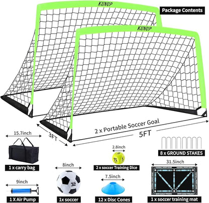 2 Set Kids Soccer Goals for Backyard with Training Equipment, Portable Foldable Practice Nets with Ball, Dice & Mat, Cones, Air Pump and Carry Bag for Toddler Youth Outdoor Sports Game