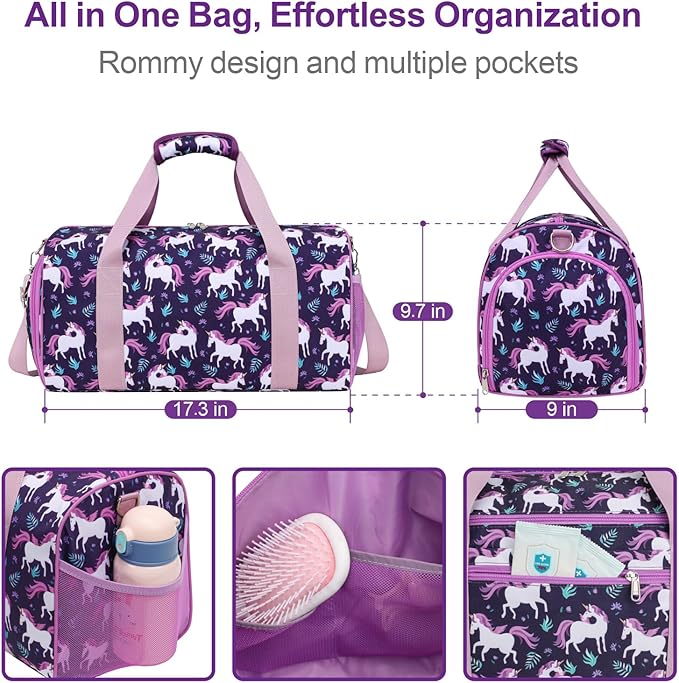Bagseri Dance Bag for Girls - Kids Duffle with Shoe Compartment, Gymnastics Tote for Sleepover Travel with Water Resistant Wet Pocket (Deep Purple Unicorn)