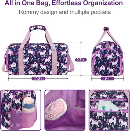 Bagseri Dance Bag for Girls - Kids Duffle with Shoe Compartment, Gymnastics Tote for Sleepover Travel with Water Resistant Wet Pocket (Deep Purple Unicorn)