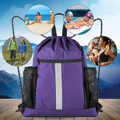 BeeGreen Purple String Bag Sack Gym Backpack with Shoe Compartment and Two Water Bottle Holder for Men Women Lightweight Durable Drawstring Cinch Sackpack