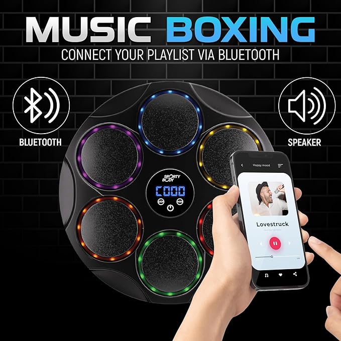 Music Boxing Beatbox Trainer by Sporty Body, 9 Speeds & 9 Light Modes, Bluetooth Sync, Auto Counting, and Durable ABS Body for Home Workouts, Supports 440lbs Punch Force, Wall Mounted Boxing Machine